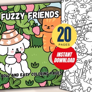 Fuzzy Friends Coloring Pages Bold and Easy Fuzzy Animals Coloring Relaxing Stress Relief Coloring Book Gift For Her PDF Instant Download