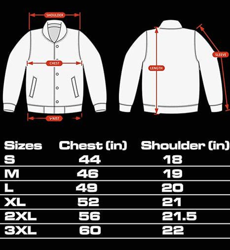 May include: Illustration of a white varsity jacket with size measurements in inches. The image shows the front and back of the jacket, with labels for chest, waist, shoulder, and sleeve. A size chart is included, detailing chest and shoulder measurements for sizes S to 3XL.