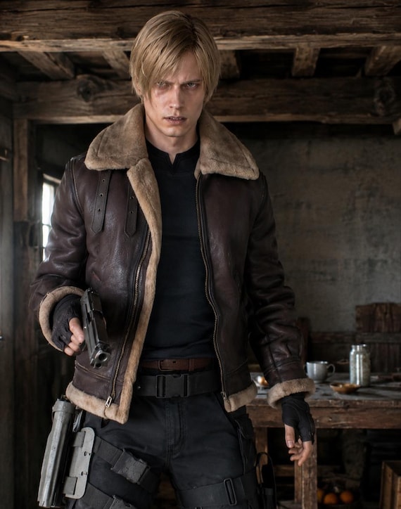 Leon Kennedy RE4 Inspired Cosplay Jacket: Faux Leather Shearling Bomber | gifts for men