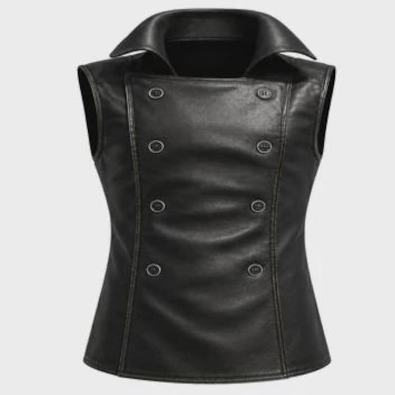 May include: A black leather vest with a double-breasted design. The vest features a notched collar and six decorative buttons down the front. The vest has a tailored fit and a smooth, matte finish.