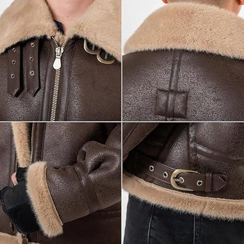 May include: A dark brown jacket with a textured finish and a thick beige faux fur lining. The jacket features a large collar, a silver-toned front zipper, adjustable buckled straps at the neck and hem, and faux fur trim at the sleeve cuffs.