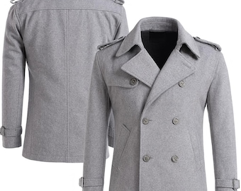 May include: A light gray double-breasted coat with a notched collar and decorative buttons. The coat features epaulettes on the shoulders and adjustable cuffs. The image shows the front and back of the coat.