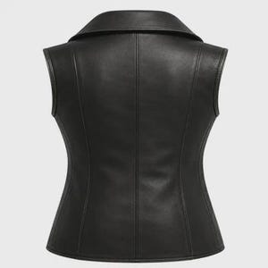 May include: Black leather vest featuring a collared neckline and a tailored fit. The sleeveless vest has a button-up front. The back view reveals the seams and shape. The vest is crafted from smooth, shiny leather material, offering a sleek appearance.