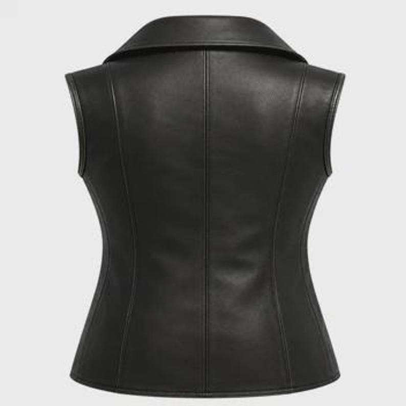 May include: Black leather vest featuring a collared neckline and a tailored fit. The sleeveless vest has a button-up front. The back view reveals the seams and shape. The vest is crafted from smooth, shiny leather material, offering a sleek appearance.