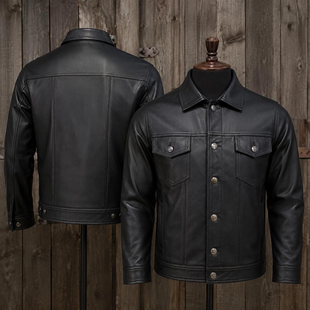 Handmade Lambskin Leather Trucker Jacket: Vintage Black Sheepskin