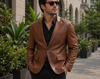 Handmade Lambskin Leather Blazer: Slim Fit Handmade Mens Jacket | gift for her