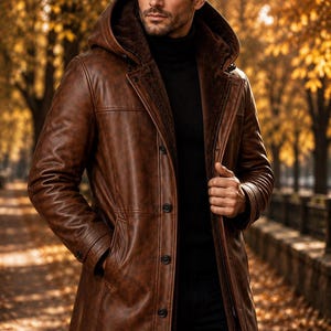 May include: A brown leather coat featuring a hood, a dark brown faux fur lining, and a front button closure. The coat has long sleeves with cuffs and side pockets. Underneath the coat is a black turtleneck sweater and black trousers.