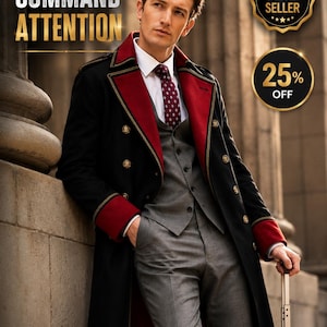 Handmade 40k Cotton Military Trench Coat: Red Trim, Sci-Fi Cosplay | Gift for men
