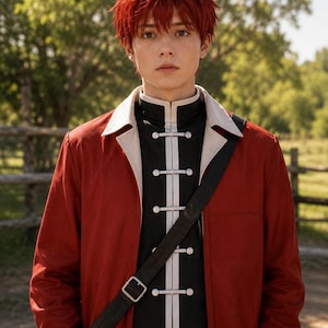 May include: A person with short red hair wearing a black high-neck tunic with white vertical trim and silver toggle closures, layered under a long-sleeved red jacket with a cream-colored collar, and a black crossbody strap across the chest.