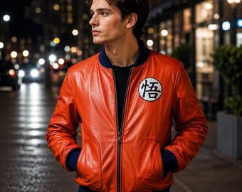 Goku Inspired Orange Leather Bomber Jacket: Anime Cosplay Costume