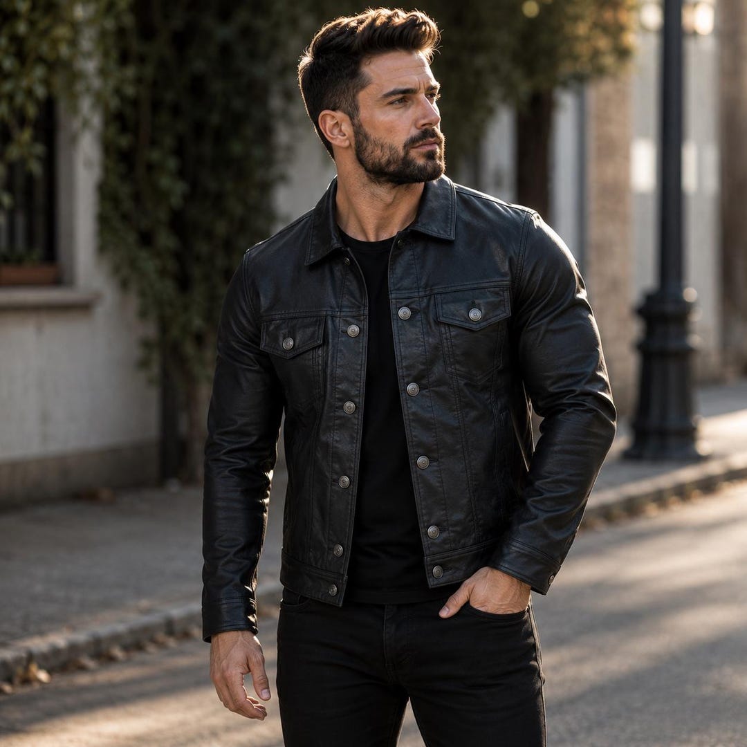 Handmade Lambskin Leather Trucker Jacket: Vintage Black Sheepskin