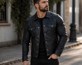 Handmade Lambskin Leather Trucker Jacket: Vintage Black Sheepskin
