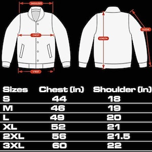 May include: A white line drawing of a varsity jacket showing front and back views with red measurement arrows indicating shoulder, chest, waist, length, and sleeve. A size chart lists chest and shoulder measurements in inches from S to 3XL.