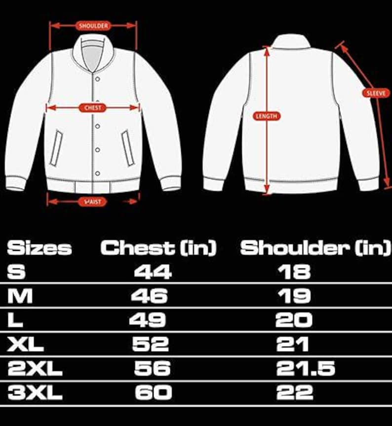 May include: A white line drawing of a varsity jacket showing front and back views with red measurement arrows indicating shoulder, chest, waist, length, and sleeve. A size chart lists chest and shoulder measurements in inches from S to 3XL.