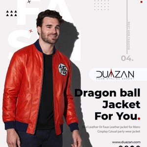 May include: A red leather jacket with a navy blue collar and cuffs. The jacket has a circular patch with Japanese text on the left chest. The image includes the text "Dragon ball Jacket For You."