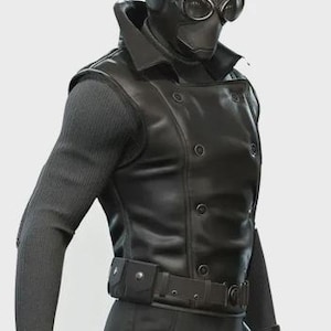May include: A black leather vest with a double-breasted design and a matching belt. The vest has a high collar and is worn over a long-sleeved, ribbed black shirt. The outfit includes a black mask with goggles.