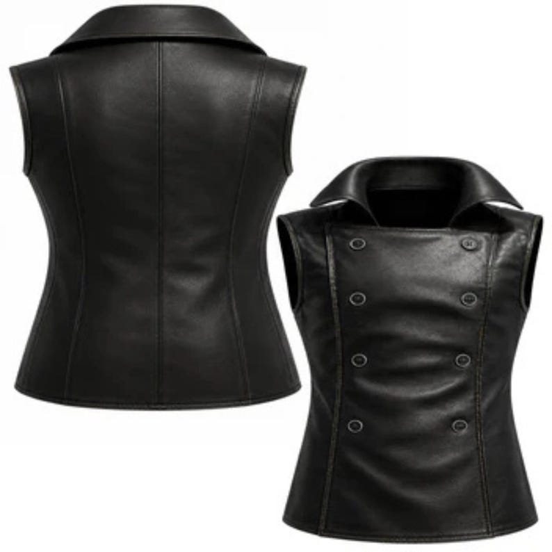 May include: Two black leather vests. One has a classic collar and a tailored fit. The other features a double-breasted design with six buttons and a notched collar. Both are sleeveless and made of smooth, shiny leather.