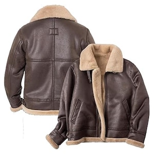 May include: A dark brown jacket with a thick beige faux fur lining and collar. The jacket features a front zipper closure, two slanted side pockets, and visible seam detailing across the back and sleeves, with fur trim at the cuffs and hem.