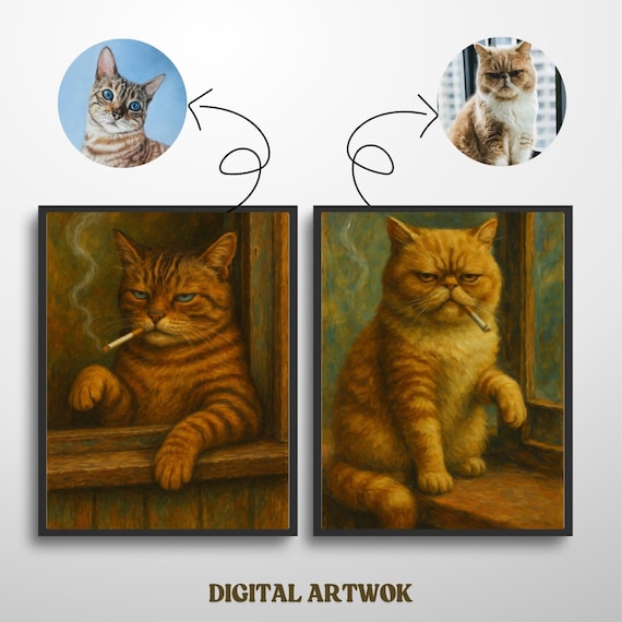 Funny Custom Pet Portrait Funny Cat Portrait Cool Cat Smoking Artwork Digital Pet Painting Personalized Pet Gift Funny Pet Wall Art