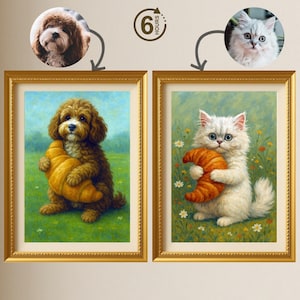 Custom Pet Portrait, Funny Dog Hugging Croissant, Digital Kitchen Wall Art Printable Download.