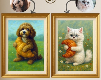 Custom Pet Portrait, Funny Dog Hugging Croissant, Digital Kitchen Wall Art Printable Download.