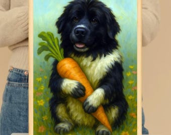 Funny Pet Portrait, Dog Hugging Carrot, Custom Digital Kitchen Wall Art