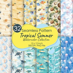 Acquerello Estivo Tropicale – 32 Motivi Seamless | 12x12" 300 DPI Carte Digitali per Tessuti, Scrapbooking & DIY