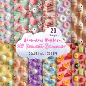 Motivi Kawaii Estate 3D Senza Cuciture – 20 PNG | Frutta, Dolci Carini | 300 DPI | 12x12” Carta Digitale per Tessuti & Fai-da-te