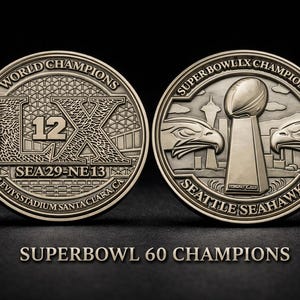 May include: Two silver-colored commemorative coins. One coin reads "WORLD CHAMPIONS" with "LX 12" and "SEA29-NE13". The other coin reads "SUPER BOWLLX CHAMPIONS" with "SEATTLE SEAHAWKS". The text "SUPERBOWL 60 CHAMPIONS" is below.