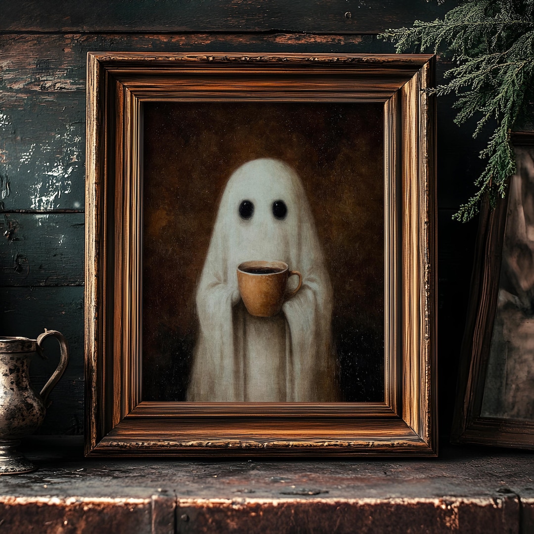 Coffee Print Cute Ghost Painting Vintage Halloween Decor, Rustic Wall ...