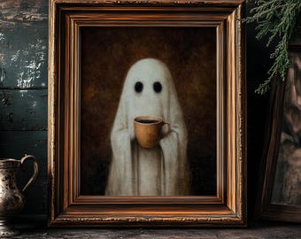 May include: A framed artwork depicts a friendly ghost holding a coffee cup. The ghost is draped in a white sheet with two black eyes. The cup is brown, and the frame is a warm, dark wood. The overall theme is Halloween and cozy vibes.