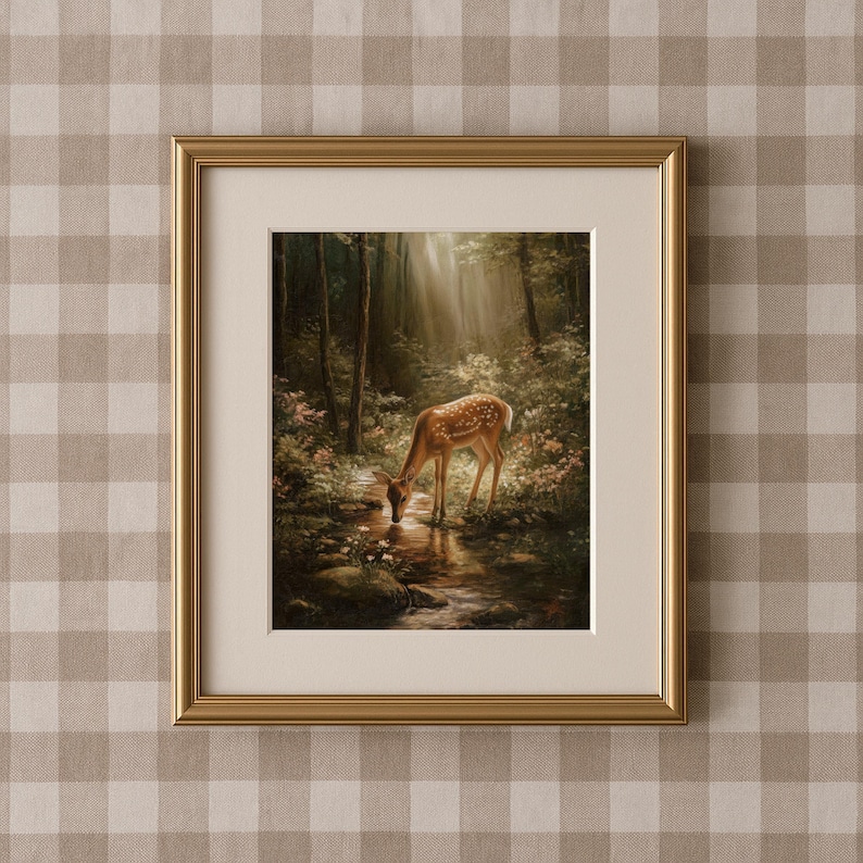 May include: Framed art print featuring a serene forest scene with a deer drinking from a stream. The artwork is set in a gold frame and has a cream-colored mat. The background is a beige and white checkered pattern.