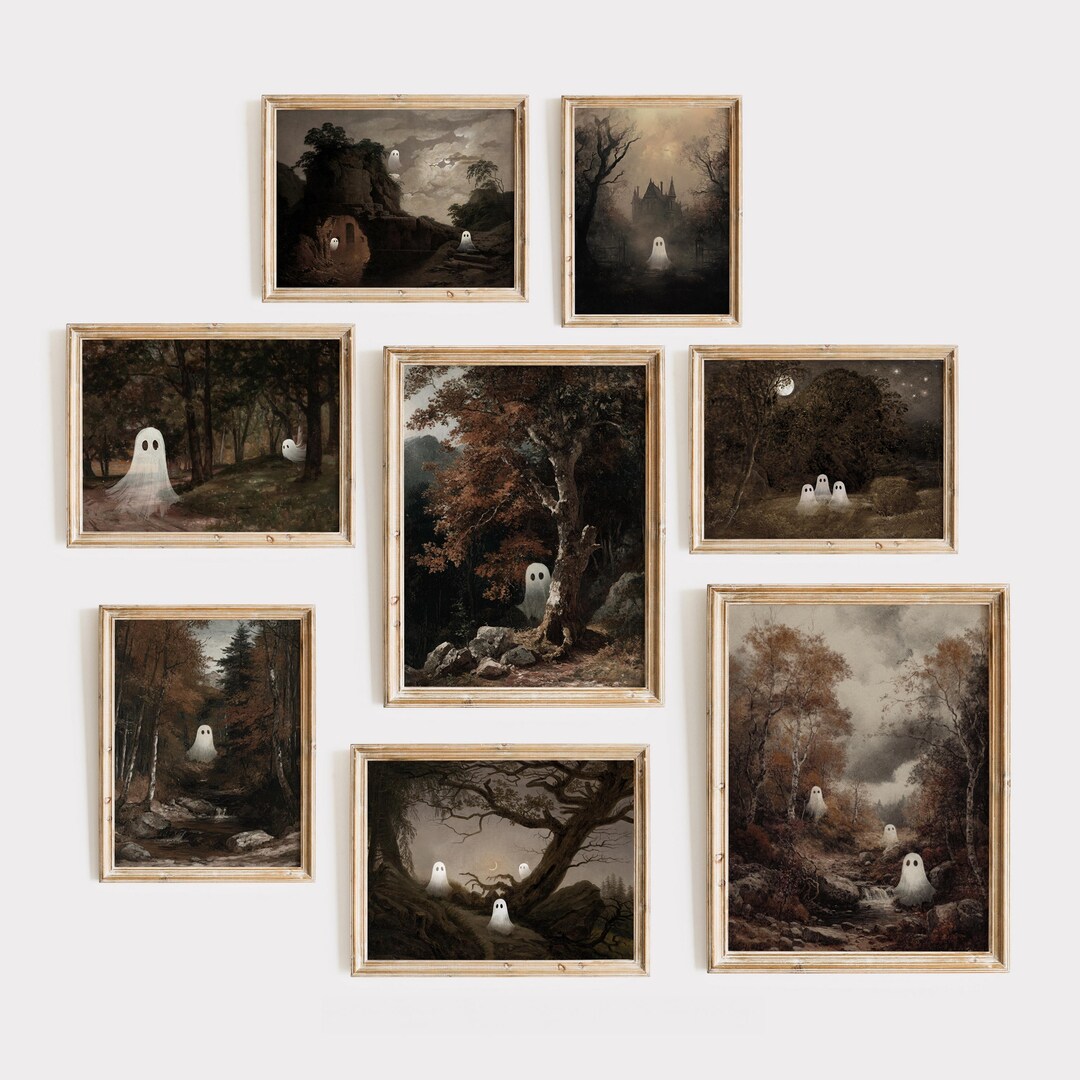 Halloween Wall Art Set of 6 Cute Ghost Prints Spooky Decor, Vintage ...