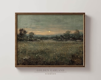 Field of Fireflies at Dusk landscape painting cottagecore decor, nature wall art vintage print rustic decor, moody wall art farmhouse decor