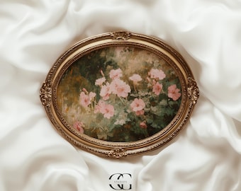 Dipinto di giardino inglese, stampa floreale vintage - decorazione da parete con fiori rosa, arredamento primaverile shabby chic, decorazione da parete femminile, arredamento in stile country francese