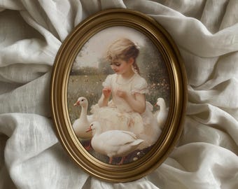 Mädchen mit Gänsen, Cottage Core Art, Bauernhaus Dekor, Vintage Bauernhaus Dekor, nostalgische Kinderzimmer Kunst, Cottagecore Dekor, Bauernhaus Dekor, Bauernhaus Dekor, wunderliches Bauernhaus Dekor