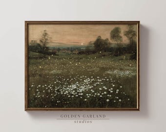 Field of Fireflies at Dusk landscape painting cottagecore decor, moody wall art farmhouse decor, nature wall art vintage print rustic decor