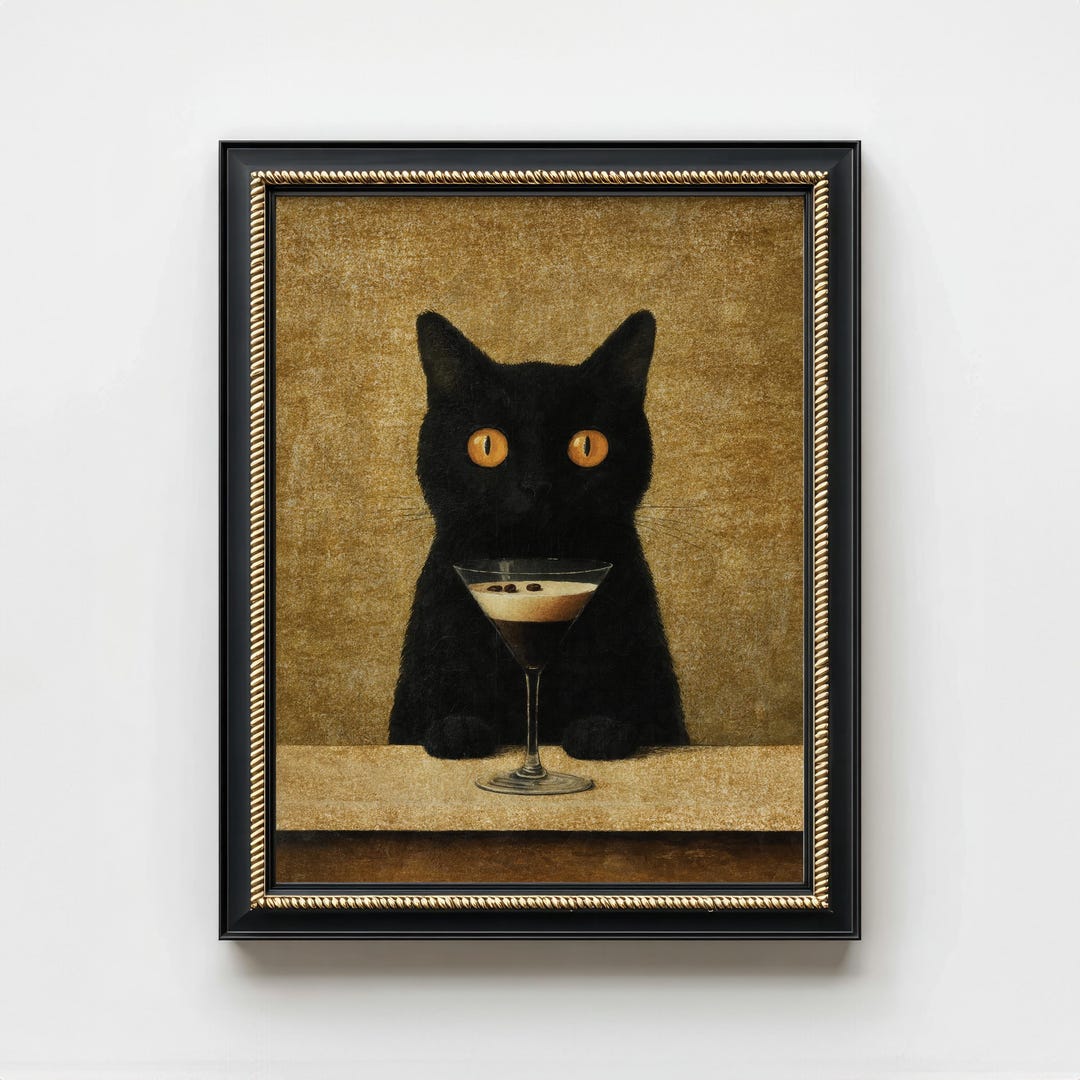 Black Cat Art Espresso Martini Print Bar Cart Decor, Funny Wall Art Cat ...