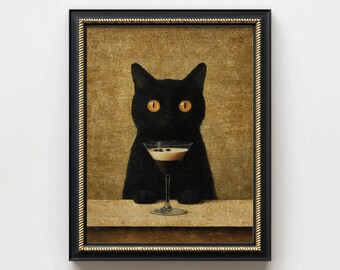 black cat art espresso martini print bar cart decor, funny wall art cat lover gift, kitchen wall art jazz club aesthetic retro wall decor