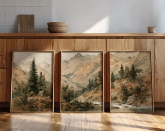 landscape painting autumn forest wall art set of 3 nature prints, mountain painting 3 piece wall art vintage fall prints rustic cabin decor