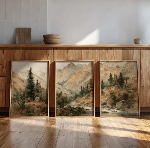 landscape painting autumn forest wall art set of 3 nature prints, mountain painting 3 piece wall art vintage fall prints rustic cabin decor