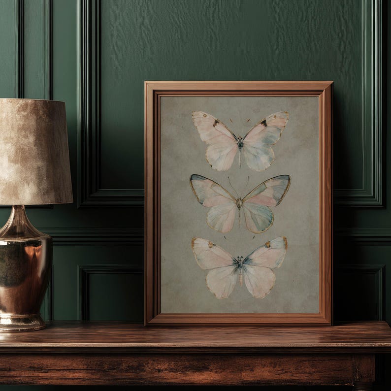 vintage butterfly wall art spring decor, sage green wall art vintage nursery print cottagecore decor, earthy wall art vintage room decor image 5