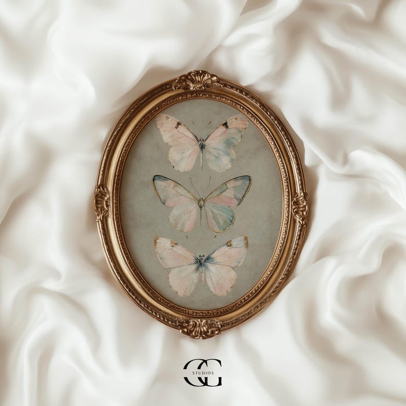 vintage butterfly wall art spring decor, sage green wall art vintage nursery print cottagecore decor, earthy wall art vintage room decor image 1