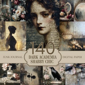 May include: A collage of vintage-style digital papers with a dark academia and shabby chic theme. The image features a portrait of a woman, floral arrangements, and a raven. Text includes "140", "Junk Journal", and "Digital Paper".
