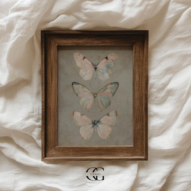 vintage butterfly wall art spring decor, sage green wall art vintage nursery print cottagecore decor, earthy wall art vintage room decor image 4