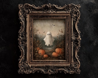 Puede incluir: Un cuadro enmarcado con temática de Halloween, que muestra un fantasma blanco flotando sobre calabazas en un paisaje. El marco ornamentado y de tonos oscuros rodea la obra, sobre un fondo oscuro. La pintura evoca una atmósfera otoñal y espeluznante.