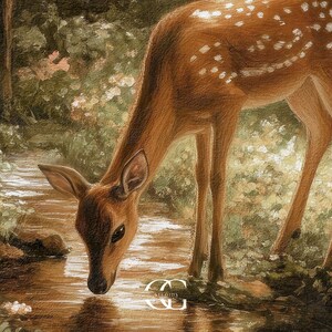 May include: A detailed painting of a deer drinking from a stream. The deer has brown fur with white spots and is positioned in a forest setting with lush greenery. The artwork has a soft, natural color palette and a serene atmosphere.