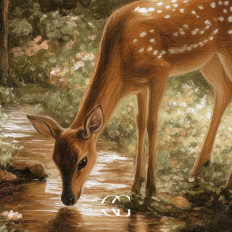 May include: A detailed painting of a deer drinking from a stream. The deer has brown fur with white spots and is positioned in a forest setting with lush greenery. The artwork has a soft, natural color palette and a serene atmosphere.