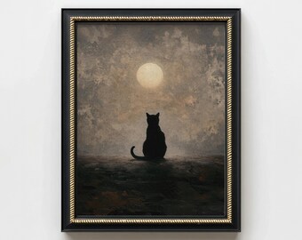 black cat wall art halloween print spooky decor, victorian gothic art witchy decor, dark academia art halloween cat decor moody wall print