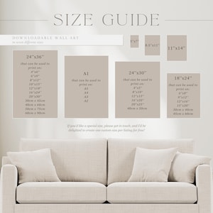 May include: A size guide for downloadable wall art, with dimensions in inches and centimeters. The guide includes sizes like 24"x36", 18"x24", and A1, A2, A3, A4, and A5. The text is displayed on a neutral background.